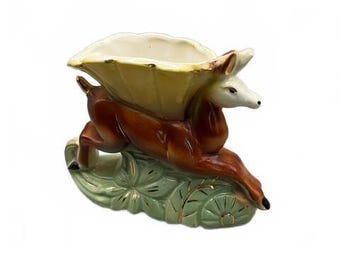 Keramikvase im Mid-Century-Modern-Stil mit Hirsch- und Gazellenmotiv, Goldrand, USA