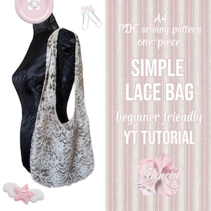 Puede incluir: Un bolso de encaje beige con una correa curva para el hombro se muestra en un maniquí negro. El bolso está hecho de una delicada tela de encaje calado. El texto dice "SIMPLE LACE BAG" y "beginner friendly YT TUTORIAL".