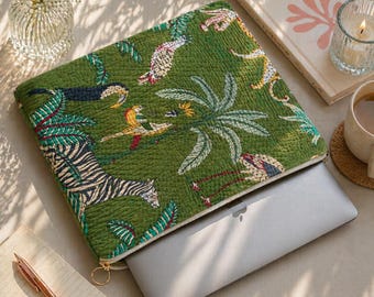 Etui na laptopa z nadrukiem dżungli, pikowana okładka z motywem zwierząt safari, zielone, ręcznie robione etui