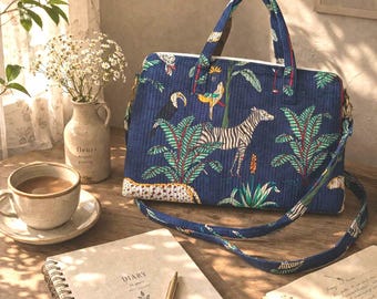 Handmade Quilted Laptop Bag Sleeve, Aesthetic Zebra Jungle Print Laptop Case, Padded Laptop Tote with Strap, Boho Chic Office Bag for Women