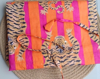 Handmade Tiger Print Cotton Kaftan Dress, Boho Maxi Loungewear Beach Cover-Up