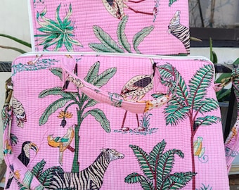 Pink Jungle Print Laptop Sleeve Set, Quilted Laptop Bag with Handle & Strap, Tropical Animal Print Laptop Case, Padded laptop Sleeve