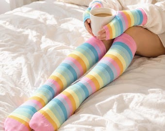 Roze regenboog dij hoge sokken en armwarmers set kawaii over de knie gestreepte beenwarmers voor meisjes anime cosplay kostuums leuke verjaardagscadeaus