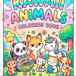 Puede incluir: Una colorida portada del "Kawaii Animals Coloring Book" con un panda, un zorro, un unicornio, un conejito, un gato y un perro. La portada tiene el texto "Kawaii Animals Coloring Book" y "Over 20 Adorable Animals to Color!" con un arcoíris y estrellas.