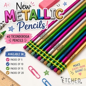 May include: A set of #2 Ticonderoga pencils with metallic finishes in pink, silver, green, blue, and gold. Each pencil is personalized with the name Madisyn in black text. The pencils feature green metal ferrules and pink, gray, blue, or tan erasers.