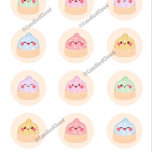 May include: A sheet of twelve circular stickers featuring glittery, pastel-colored dumplings with smiling faces in bamboo steamers. Each sticker includes the text CandiedCloud in a light gray font. The dumplings appear in shades of green, pink, purple, blue, and yellow.