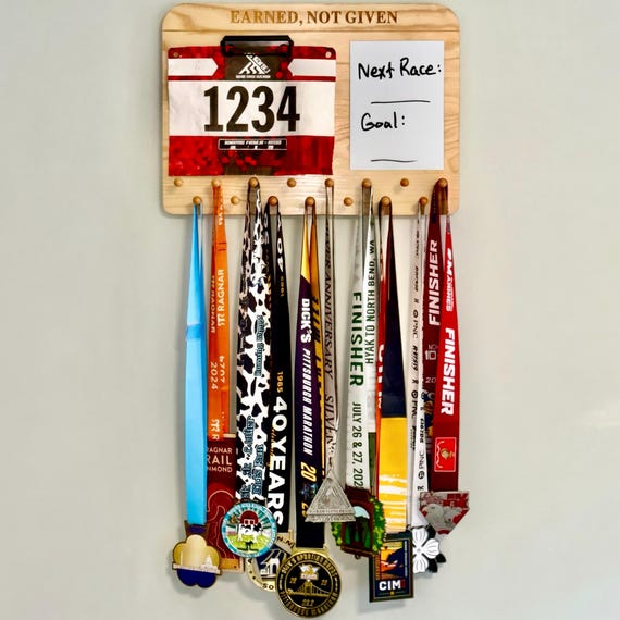 Solid Wood Medal Hanger Display and Race Bib Holder