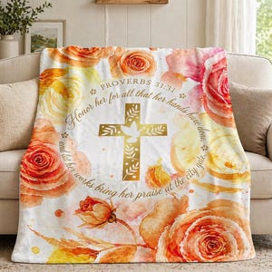 Proverbs 31:31 Floral Cross Velveteen Plush Blanket | Inspirational Scripture Throw