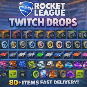 Puede incluir: Imagen promocional de Rocket League Twitch Drops, con varios objetos del juego. La imagen muestra múltiples filas de cajas, ruedas de coche y coches deportivos coloridos. El texto incluye "Rocket League Twitch Drops" y "80+ Items Fast Delivery!"