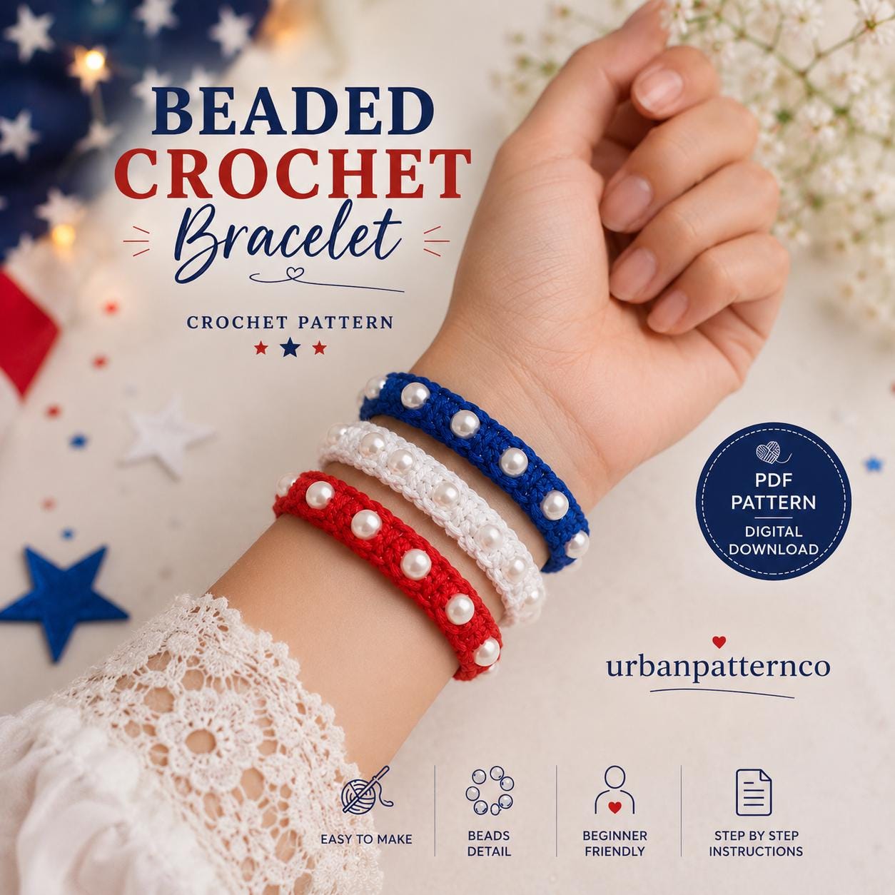 Beaded Red, White, and Blue Crochet Bracelet Pattern