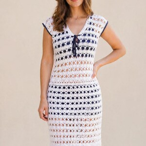 V-Neck Crochet Pattern Dress – Summer Handmade White Blue Summer Fringed Design (PDF ENGLISH)