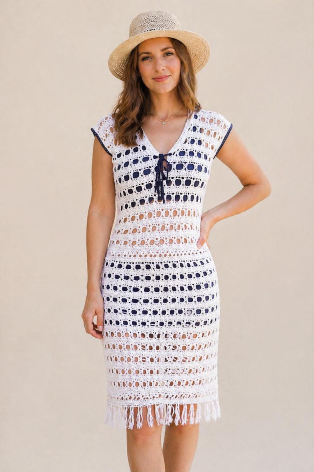 dresses with fringes and border of blue V neck White Pleats Sleeveless Short Summer Beach Wedding Dresses main image 0