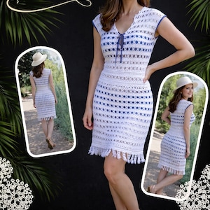 Patrón de vestido de ganchillo con escote en V – Diseño veraniego hecho a mano en blanco y azul con flecos (PDF en inglés)