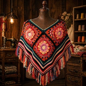 Flower Patch Crochet Poncho Pattern, Boho Granny Square Shawl (PDF Download)