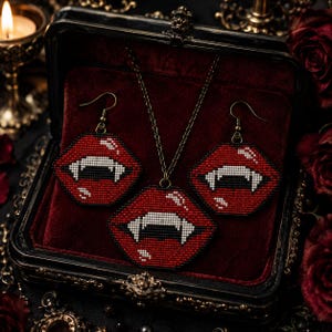 Wzór na zestaw biżuterii z koralikami w kształcie kłów wampira, wzór gotycki w stylu brick stitch w formacie PDF, schemat Miyuki do kolczyków i wisiorków na Halloween, natychmiastowy zestaw koralików nasiennych do pobrania