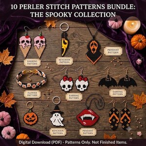Puede incluir: Un paquete digital de 10 patrones de punto Perler titulado The Spooky Collection, que incluye diseños para pendientes, llaveros, colgantes y una pulsera. Los patrones muestran calaveras, fantasmas, calabazas, murciélagos y labios de vampiro en varios colores.