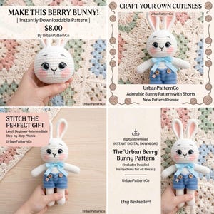 Patrón de conejito de ganchillo, tutorial de amigurumi de conejo, orejas largas, peluche (descarga en PDF)