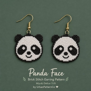 May include: A pair of panda face earrings crafted with black and white beads in a brick stitch pattern, featuring gold-tone metal hooks. The text below reads: Panda Face, Brick Stitch Earring Pattern, Miyuki Delica 11/0, by UrbanPatternCo.