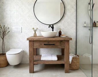 Rustic Bathroom Vanity with Drawer, Vessel Single Sink Base, Farmhouse Decor