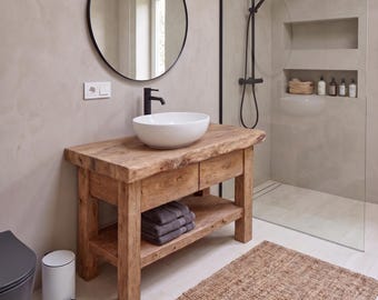 Rustic Live Edge Bathroom Vanity, Drawer Storage, Reclaimed Solid Wood, Handcrafted Farmhouse Decor