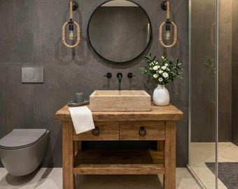 Rustic Oak Wood Bathroom Vanity, Reclaimed Wood, Vessel Sink Stand, Farmhouse Style