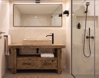 Rustic Bathroom Vanity with Bottom Drawer, Reclaimed Solid Wood, Single Double Sink Option