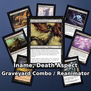 Puede incluir: Una colección de cartas coleccionables negras de Magic: The Gathering dispuestas en abanico, que incluye Iname, Death Aspect, Akuta, Born of Ash y otras cartas con temática de espíritus. El texto Iname, Death Aspect Graveyard Combo / Reanimator está superpuesto.