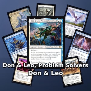 Puede incluir: Una colección de cartas coleccionables Magic: The Gathering dispuestas en abanico, con la carta central Don & Leo, Problem Solvers, rodeada de cartas como Abuelo, Ancestral Echo, Blade Splicer, Arcanist's Owl y Aether Channeler.