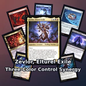 May include: A collection of Magic: The Gathering trading cards featuring Zevlor, Elturel Exile as the central piece, surrounded by Abrade, Blue Sun's Twilight, Arcane Signet, Bedevil, Black Sun's Twilight, Black Waltz No. 3, and other game cards.