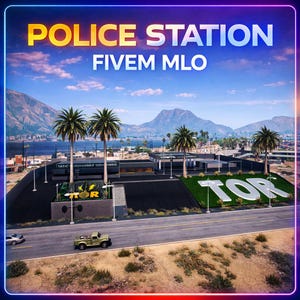 Könnte beinhalten: Ein digitales Bild einer Polizeistation mit dem Text "POLICE STATION FIVE MLO". Die Szene umfasst Palmen, eine Straße und Berge unter blauem Himmel, mit einem lebendigen Rahmen.
