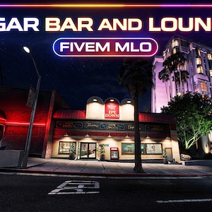 Op de afbeelding: Nachtelijke buitenopname van een sigarenbar en lounge met neonreclame. Het gebouw heeft een rode luifel en een bord met de tekst "Pipe Down". Op de achtergrond staat een hoog gebouw.