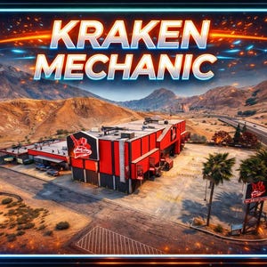 Puede incluir: Vista aérea de un edificio rojo y negro con el texto "KRAKEN MECHANIC" en blanco y azul. El edificio está situado en un paisaje desértico con montañas al fondo. También se ven palmeras y una autopista.