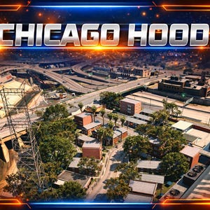 Puede incluir: Una vista aérea de una ciudad con el texto "CHICAGO HOOD" en letras plateadas con un borde naranja y azul. La imagen muestra edificios, carreteras y pasos elevados.