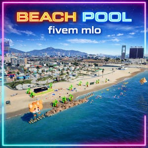 Peut inclure: Une image numérique d'une scène de plage avec le texte "BEACH POOL" en néon orange et bleu. Les mots "fivem mlo" sont en dessous. La scène comprend une plage de sable, l'océan, des bâtiments et des personnages de dessins animés.