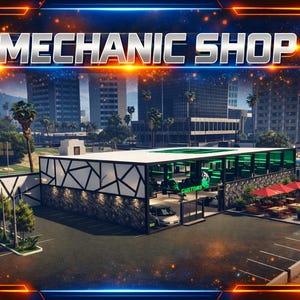 Può includere: Immagine digitale di un'officina meccanica con la scritta "MECHANIC SHOP" in argento. L'officina ha un design moderno con tetto in vetro e parcheggio. Ombrelloni rossi ombreggiano i posti a sedere all'aperto.