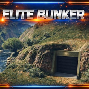 Puede incluir: Una entrada de búnker construida en una ladera, con el texto "ELITE BUNKER" en la parte superior. La escena incluye un río, una carretera y montañas, con un borde azul y naranja.