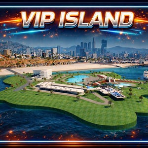 Puede incluir: Ilustración digital de un resort VIP Island. La isla presenta un gran edificio, una piscina y un puerto deportivo, rodeados de agua. El fondo muestra un horizonte urbano y un marco brillante azul y naranja con el texto "VIP ISLAND".
