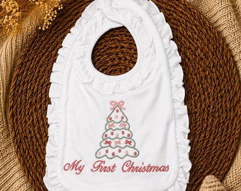 My First Christmas Bib | Baby Girl Christmas Bib | Embroidered Ruffle Bib | Pink Christmas Tree Bib | Baby Christmas Outfit