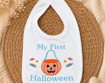My First Halloween Bib | Embroidered Baby Halloween Bib | Pumpkin Candy Trick or Treat Baby Bib
