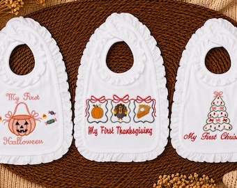 My First Holiday Bib Set | Baby Girl Halloween Thanksgiving Christmas Bibs | Embroidered Ruffle Bib Set | Baby First Holidays