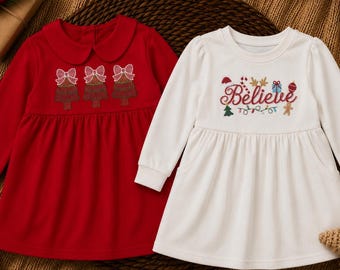 Matching Christmas Dresses, Toddler Christmas Dress Set, Baby Girl Holiday Outfit, Embroidered Christmas Dress Bundle