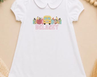 Personalized Back to School Dress, First Day of School Dress, Embroidered School Bus Dress, Custom Kindergarten Dress, Preschool Outfit