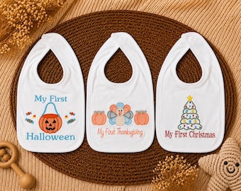 My First Holiday Bib Set | Halloween Thanksgiving Christmas Bibs | Baby’s First Holiday Outfit | Embroidered Baby Bib Set