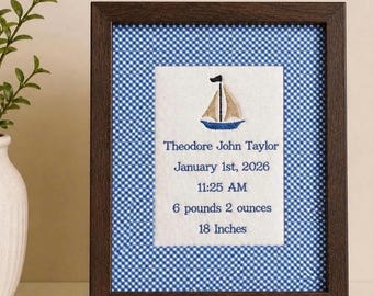 Personalized Baby Boy Birth Stat Frame | Custom Embroidered Baby Name Frame | Nautical Nursery Decor | Newborn Keepsake Gift
