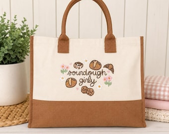 Sauerteig Girly Einkaufstasche, gesticktes Buch Tote, Brot-Liebhaber-Geschenk, Cottagecore Leinentasche, Bauernmarkt-Tasche, Bäckerei-Liebhaber-Tasche