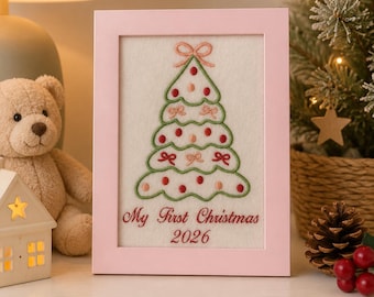 Baby Girl First Christmas 2026 Frame | Pink Embroidered Christmas Tree Nursery Decor | Baby Girl Keepsake | 5x7 Frame
