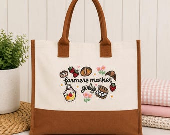 Farmers Markt Girly Einkaufstasche, Bestickte Einkaufstasche, Cottagecore Markttasche, wiederverwendbare Einkaufstasche, Erdbeertasche, Canvas Farmer Tote