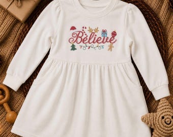 Vestido navideño Believe, vestido navideño para niña pequeña, vestido navideño bordado, conjunto navideño para bebé niña, vestido de Papá Noel, conjunto para fotos navideñas