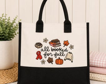 Alle Bücher für den Herbst Tote Bag, Gestickte Buch-Liebhaber-Tasche, Buch-Liebhaber-Tasche, gemütliches Lesergeschenk, Bibliothek-Tasche, Kürbis-Herbst-Tasche