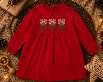 Girls Christmas Tree Dress, Embroidered Christmas Dress, Toddler Christmas Outfit, Bow Tree Dress, Baby Girl Holiday Dress